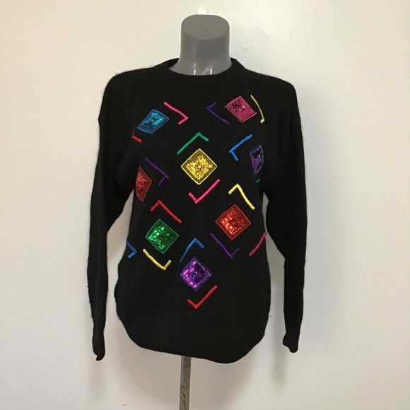 Vintage 90s Santoria Sequined Silk Blend Crew Neck Sweater Size L - Picture 1 of 9
